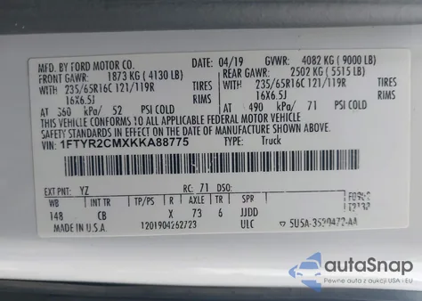 2019 Ford Transit-250 из США, поврежденный, VIN 1FTYR2CMXKKA88775